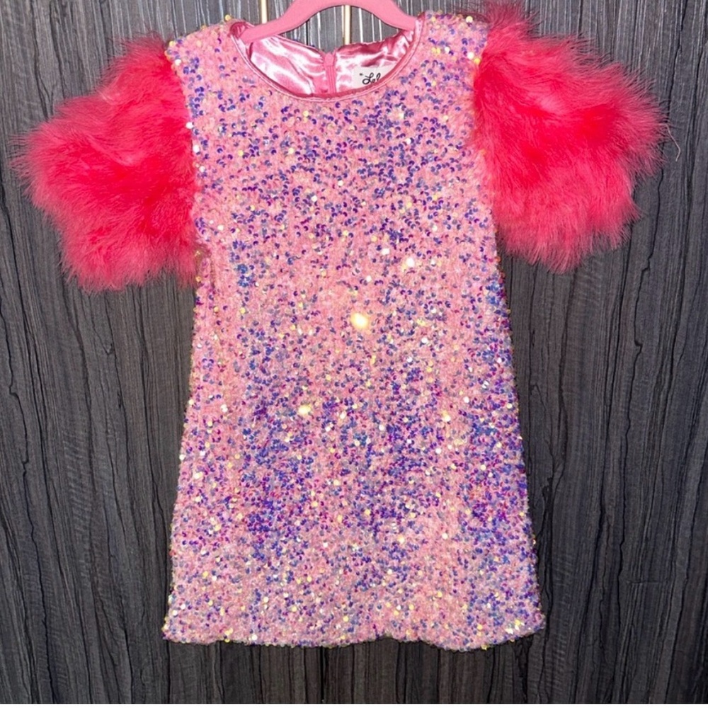 Lola + The Boys Pink Sequin Dress with Hot Pink Feather Sleeves